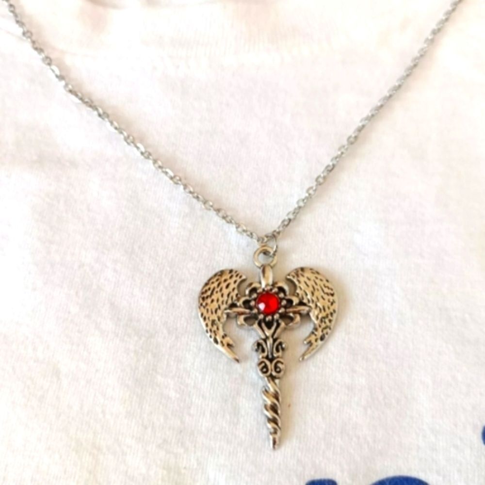 Vintage Gothic Rhinestone Cross Wing Necklace 20 Inches Stainless Steel